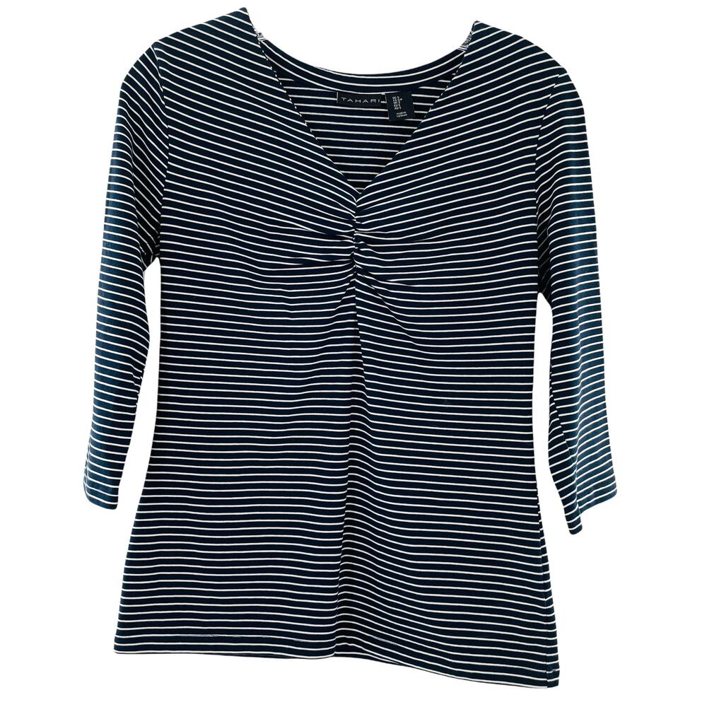 TAHARI Navy White Stripe Pullover 3/4 Sleeve Ruched V-neck Stretch Top S